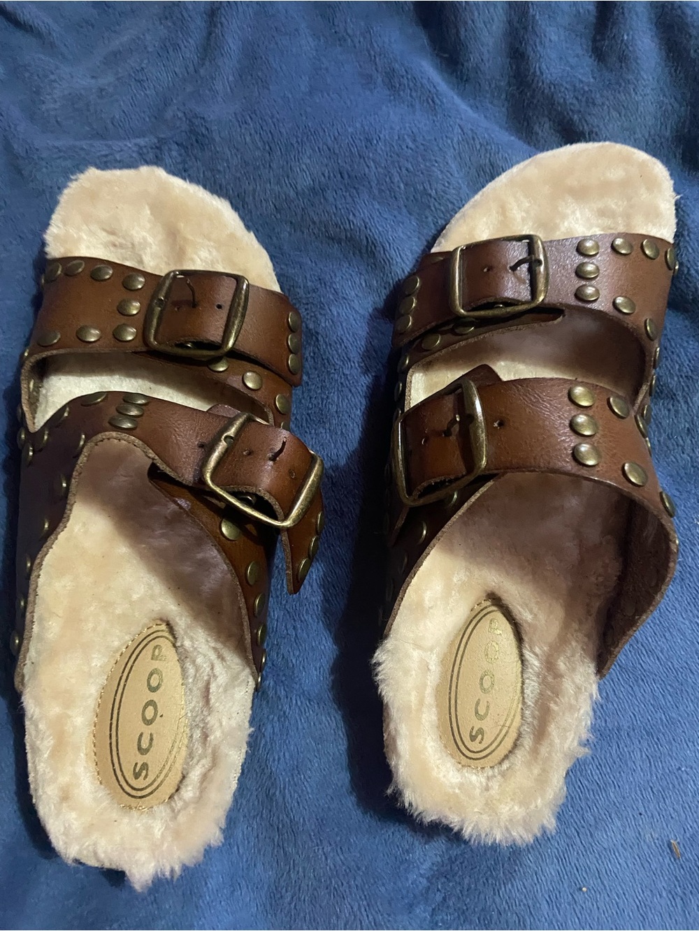 Scoops Brown Studded Double-Buckle Shearling Slide Sandals
